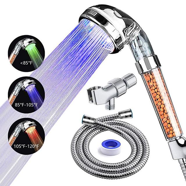 PRUGNA LED Shower Head with Hose and Shower Arm Bracket, High-Pressure Filter Handheld Shower for Repair Dry Skin and Hair Loss - Color Changes with Water Temperature