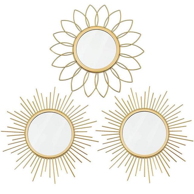 3 Pack Gold Mirrors for Wall Metal Sunburst Wall Mirrors Home Décor Decorative Hanging Wall Art for Living Room Bedroom Entryway