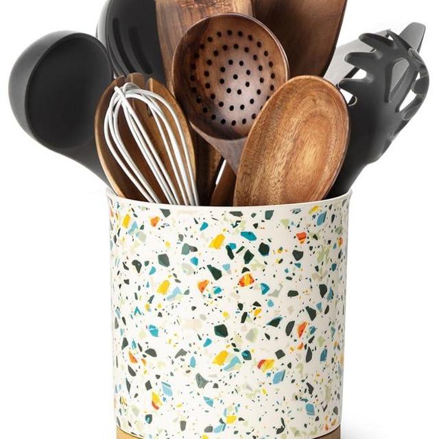 Nucookery 360°Rotating Utensil Holder, 7.2" Kitchen Utensil Crock, Ceramic Cooking Utensil Organizer with Countertop-Protection Cork Bottom for Farmhouse Kitchen Decor Christmas (Marble Pattern)
