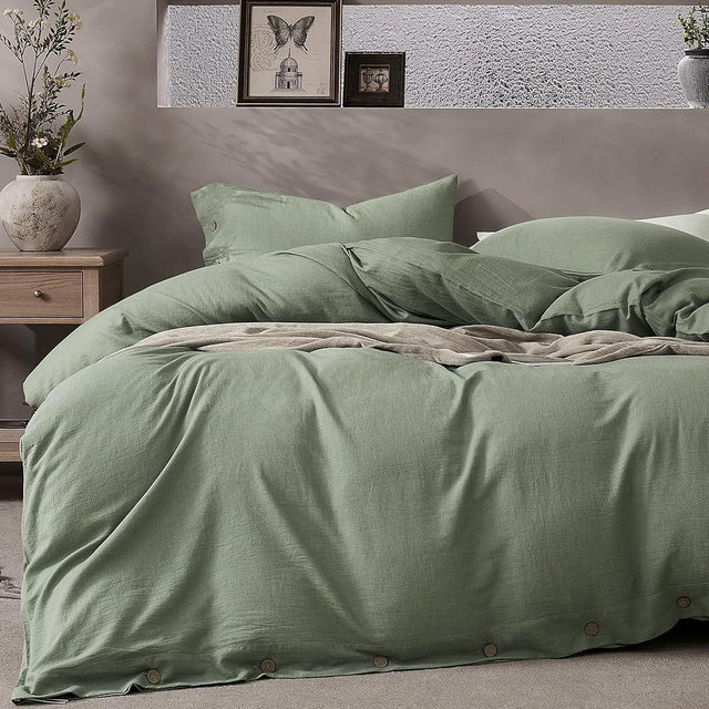 JELLYMONI Cotton Duvet Cover Queen Size - Sage Green Comforter Cover with Button 100% Washed Cotton 3PCS Breathable Soft Solid Bedding Set Duvet Cover 90×90in & 2 Pillowcases (NO Comforter)