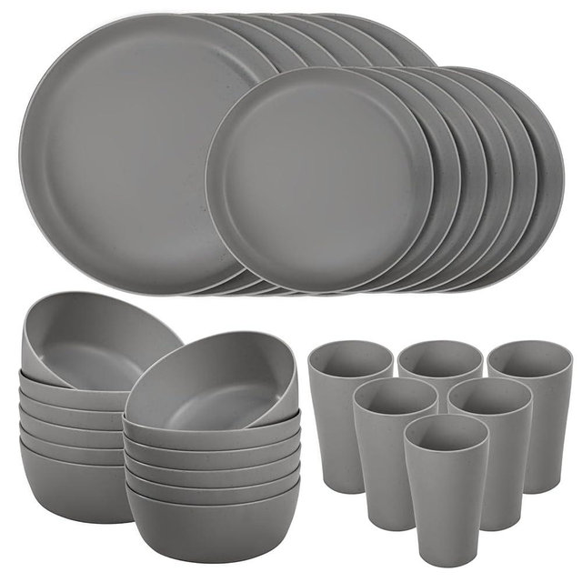 EI 24pcs Wheat Straw Dinnerware Set,Dark Grey Plates and Bowls Sets,Unbreakable Dinner Plates,Reuasble Plastic Plates,Microwave Dishwasher Safe for Camping,Picninc,Family Dinner