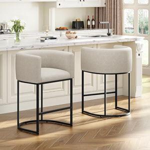 26" H Counter Height Bar Stools Set of 2, Modern Barrel Counter Stools with Backrest and Arms, Linen Fabric Upholstered Accent Barstools for Kitchen Island,Support 450 LBS (Beige)