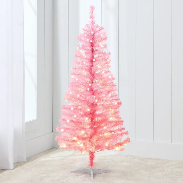 Best Choice Products 4ft Pre-lit Colored Christmas Tree, Artificial Tree Holiday Decor w/ LED Lights - Pink Tinsel