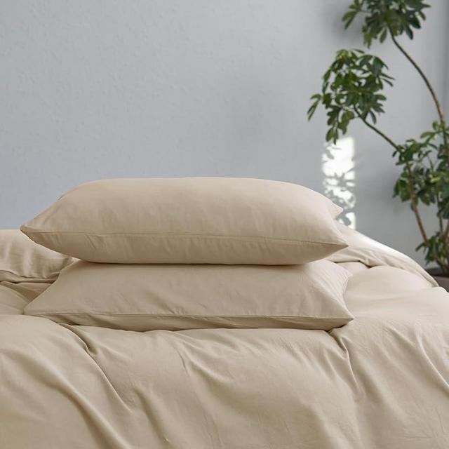 MooMee Bedding Pillowcases Pack of 2 100% Washed Cotton Linen Like Textured Breathable Durable Soft Comfy (Heathered Almond Milk Grey, Queen)