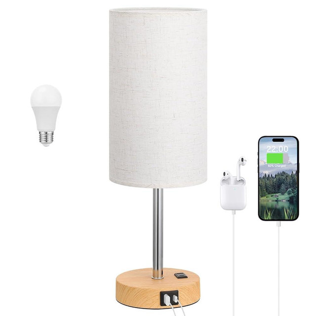 Dicoool Touch Bedside Table Lamp with USB - 3 Way Dimmable Wood Lamp for Bedroom Nightstand, Desk Lamp with Charging Station for Dorm, Office, Kids Room, Living Room