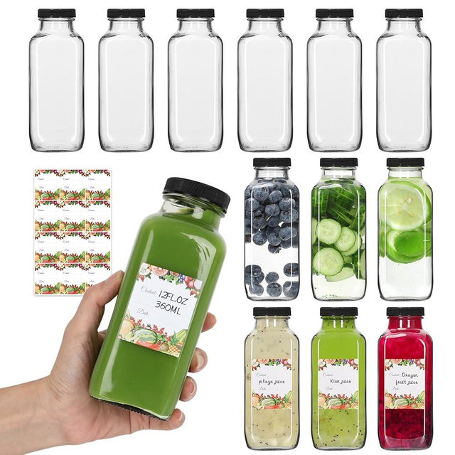 Alotpower 12 oz Glass Bottles with Lids 12Pack, Portable Glass Juice Bottles with Lids 12 oz (12fl.oz, Set of 12)