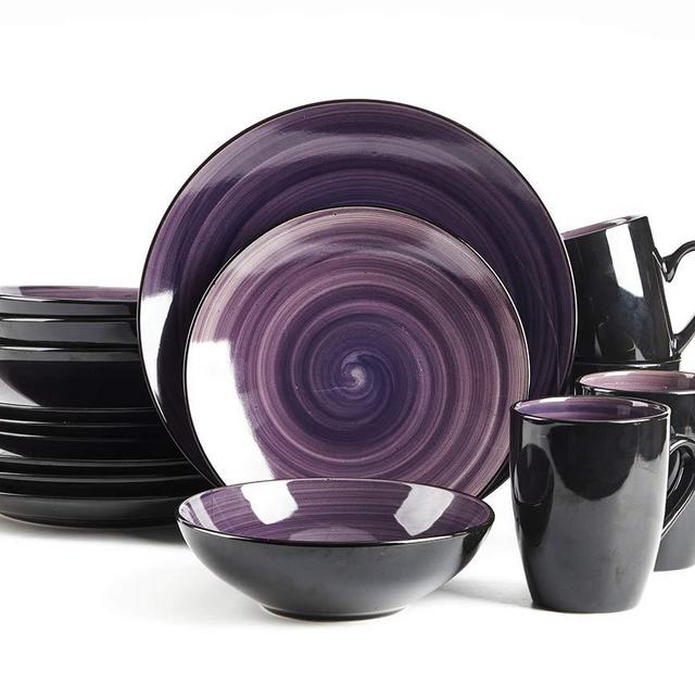 HomeVss, Sonoma Stoneware Dinnerware Set, Outside Black + Inside Hand Painting Color (16pc Set, Purple)