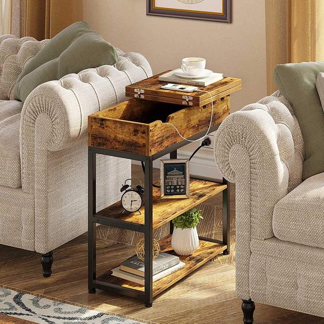End Table with Charging Station, Nightstand Table for Living Room Narrow End Side Table with Storage Shelf and USB Ports & Power Outlets