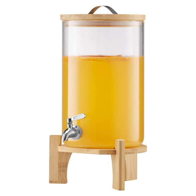 VEVOR Beverage Dispenser, 2.2 Gallon Drink Dispensers for Parties, Glass Juice Dispenser with Wood Stand, Stainless Steel Spigot, Clear