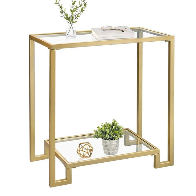 GIFTTROVE 2 Tier Rectangular Side Table, Gold End Table with Glass Top, Modern Metal Clear Coffee Table，Small Accent Table for Living Room, Bedroom, 22" x 12.4" x 24"