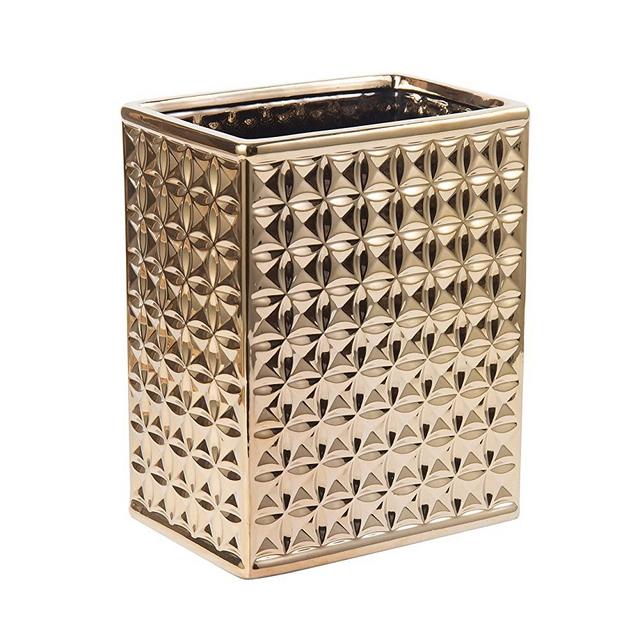 2.3 Gal Trash Can for Bathroom, Small Office Garbage Can for Kitchen, Slim Rectangular Waste Bin, Ceramic, Gold