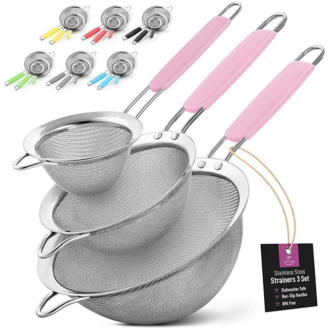 Zulay Kitchen Premium Stainless Steel Fine Mesh Strainer Set - Strainers For Kitchen (Set of 3) With Non-Slip Handles - Includes A Small, Medium & Large Fine Mesh Sieve Set - Durable Metal Strainer