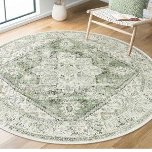 LIVEBOX Medallion Round Area Rug 5ft, Vintage Washable Sage Green Circle Rug for Bedroom, Low-Pile Soft Round Carpet for Living Room, Ideal for High Traffic Areas in Entryway