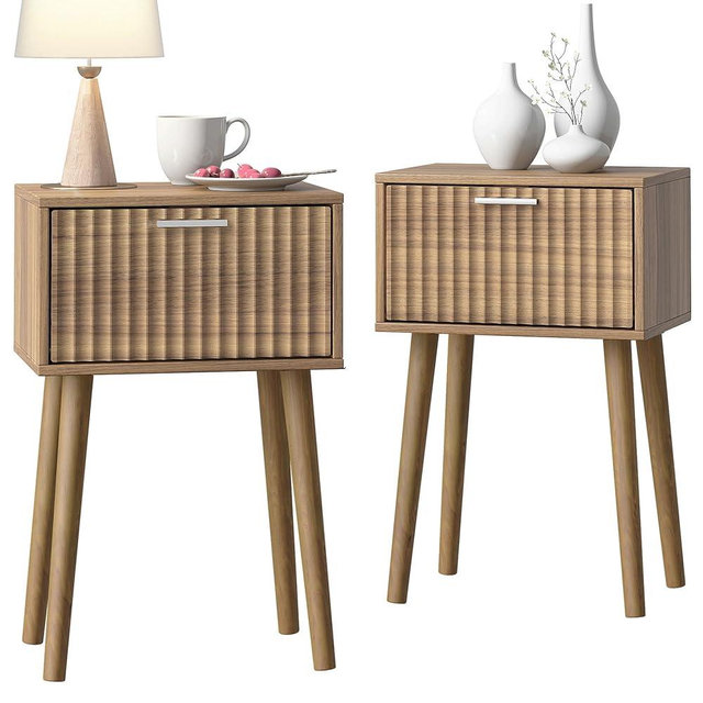 LAATOOREE Nightstands Set of 2, Small Size Side End Table, Bedside Table with Fluted Door, Solid Wood Feet; for Bedroom, Small Bed