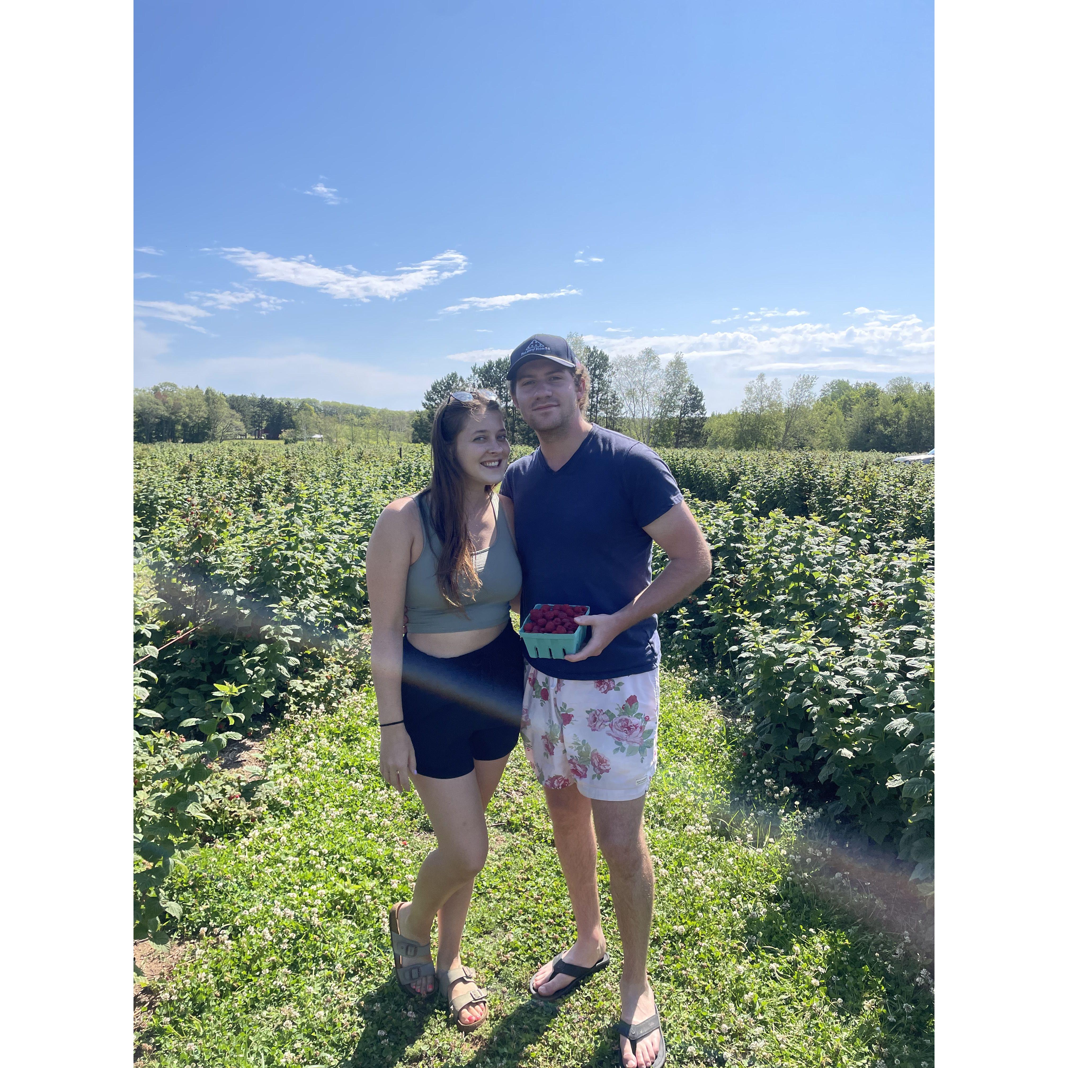 Picking raspberries on our annual Bayfield WI trip with Zach, Mitchell, and Sarah July 2023