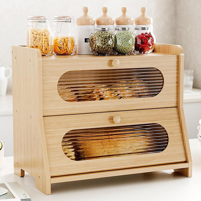Stylstoreazy Bread Box for Kitchen Countertop,Double Layer Large Capacity Bamboo Bread Storage Container with Acrylic Wavy Door Panel for Kitchen Counter,Cabinet,Pantry(Natural Bamboo)