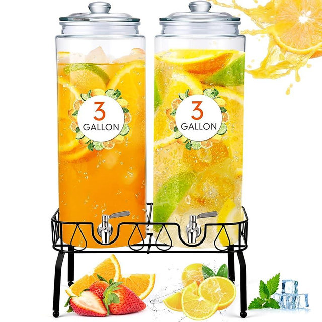 Honeydak 2 Pack 3 Gallon Glass Beverage Dispenser with Stand and Spigot Leakproof Glass Drink Beverage Storage for Valentine's Day Parties Mason Jar Dispenser with Lids