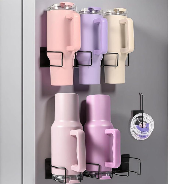 Magnetic Water Tumbler Holder for Refrigerator 2Pack, Water Bottle Organizer for 40 oz Cup with Handle, Tumbler Lid Organizer for Stanley Cup Accessories, Kitchen Cup Storage Rack