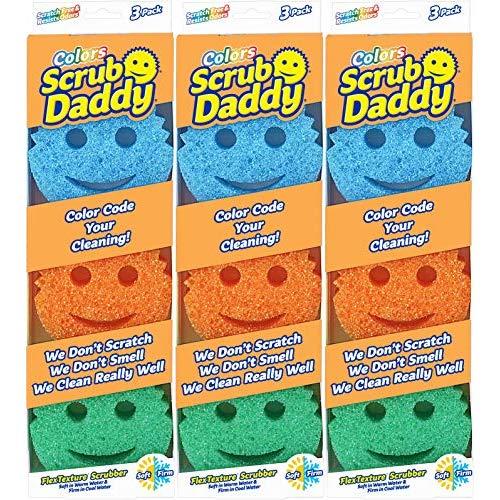 Scrub Daddy Colors Sponge Set - FlexTexture Sponge, Soft in Warm Water, Firm in Cold, Deep Cleaning, Dishwasher Safe, Multi-use, Scratch Free, Odor Resistant, Functional, Ergonomic, 3 pk, 9pc