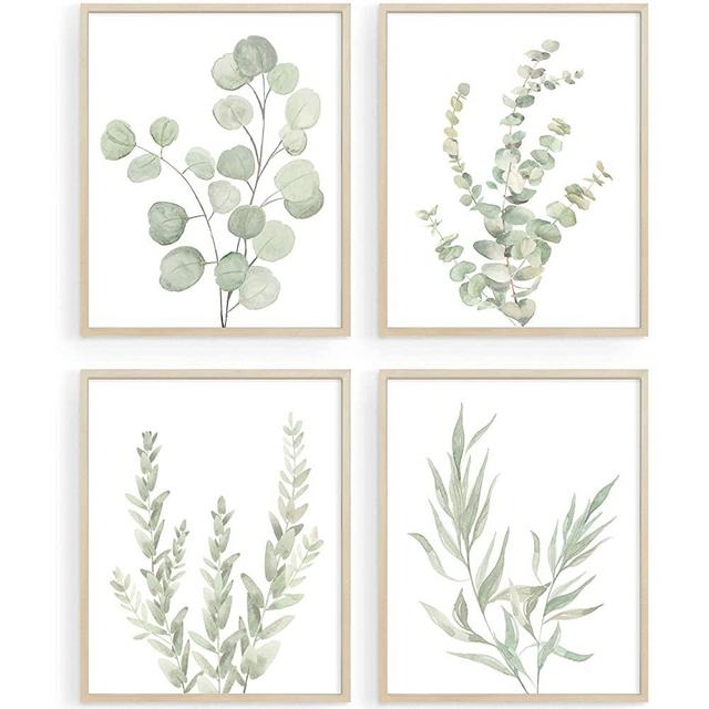 Botanical Plant Bathroom Decor, Green Wall Art Prints for Home|Farmhouse |Kitchen|Office|Living Room, Eucalyptus Leaves Watercolor Wall Posters, Boho Minimalist Wall Art, Set of 4, 8"x10", UNFRAMED