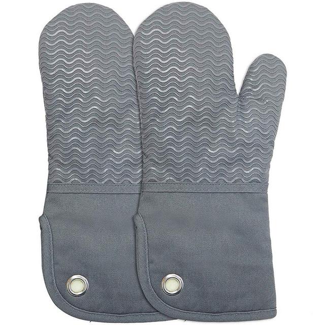 Silicone Groment Oven Mitts with Heat Resistant Non-Slip Set of 2, Cotton Quilting Lining, Oven Gloves and Pot Holders Kitchen Set for BBQ Cooking Baking, Grilling, Barbecue, Machine Washable Grey