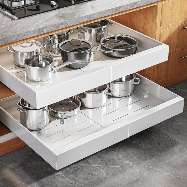 Seinloes 2 Pack Expandable Pull Out Cabinet Organizer 21"Deep With Raising Pad for Framed Cabinets,Upgrade 3 Slide Rails Slide Out Drawers,Roll Out Shelves Adhesive,Adjustable Width 15.15"-26.3" White