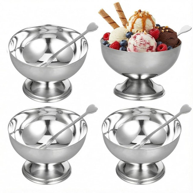DEARMAMY 4pcs Stainless Steel Dessert Cups, Footed Snack Bowls for Salad, Ice Cream, Parfait, Pudding, Sundae, And Appetizers 4. 32x4. 32x2. 44in