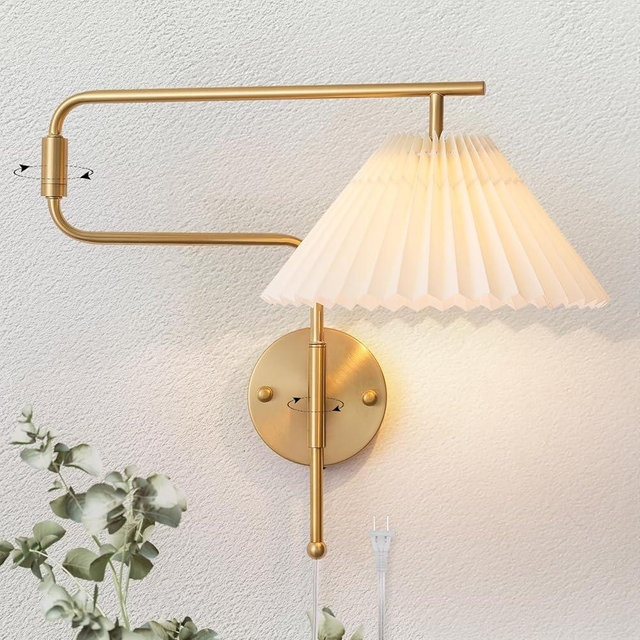 Boho Caged Gold Swing Arm Wall Sconce Set of 2,Plug in Wall Sconces with White Pleated Fabric Shade,Hardwired Wall Light Fixtures with Dimmable Switch for Bedroom Bedside, Living Room, House Reading