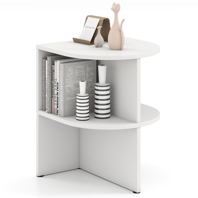 Costway Half Round Side Table 2-tier Wooden Nightstand w/Open Storage Shelves White