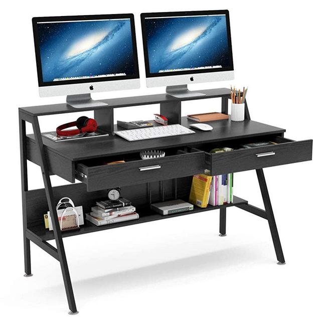Tribesigns Computer Desk with Storage Shelf & Drawers, Modern 47 inch Office Writing Desk Study Table with Monitor Stand Riser for Home Office Use (Black)
