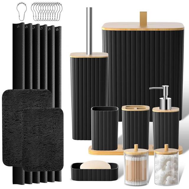 Z ZONAMA Bathroom Accessories Set - 24PCS Black Bathroom Set with Shower Curtain and Rugs, Trash Can, Toilet Brush Holder Set & Soap Dispenser – Stylish & Functional Bath Decor for Home, Apartment