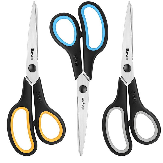 Scissors, iBayam 8" Multipurpose Scissors Bulk Ultra Sharp Shears, Comfort-Grip Sturdy Scissors for Office Home School Sewing Fabric Craft Supplies, Right/Left Handed, 3-Pack, Yellow, Grey, Blue