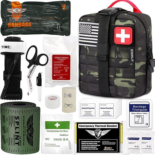 EVERLIT Emergency Trauma Kit GEN-I with Aluminum Tourniquet 36" Splint, Military Combat Tactical IFAK for First Aid Response, Critical Wounds, Gun Shots, Severe Bleeding Control (GEN-1 Black Camo)