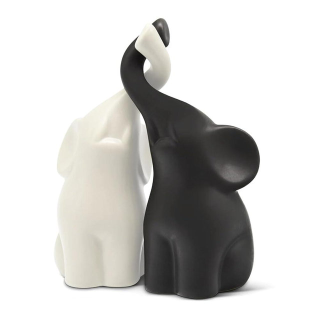 OwMell Set of 2 Loving Elephant Statue Figurine, 6" Elephant Ring Holder, Gifts for Couples Home Lucky Decor - Matte