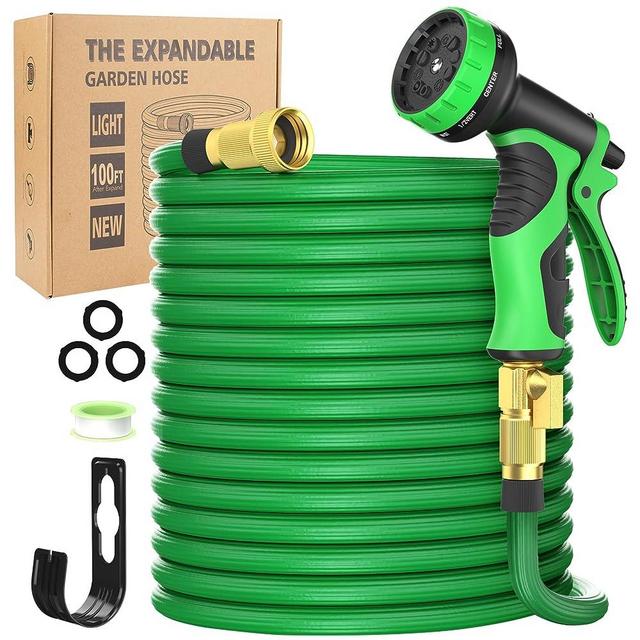 100 ft Expandable Garden Hose with 10 Function Nozzles, New Water Hose with 50 Layers Innovative Nano Rubber, 3/4" Solid Brass Fittings, Flexible Hose Expanding Water Pipe for Car Washing, Green