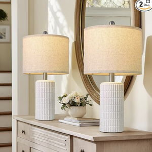 PoKat 20.75" Stone-Like Farmhouse Ceramic Table Lamps Set of 2 for Bedroom, White Bedside Lamps for Night Stands, Matte-Textured Decor Nightstand Table Lamps for Living Room End Table White