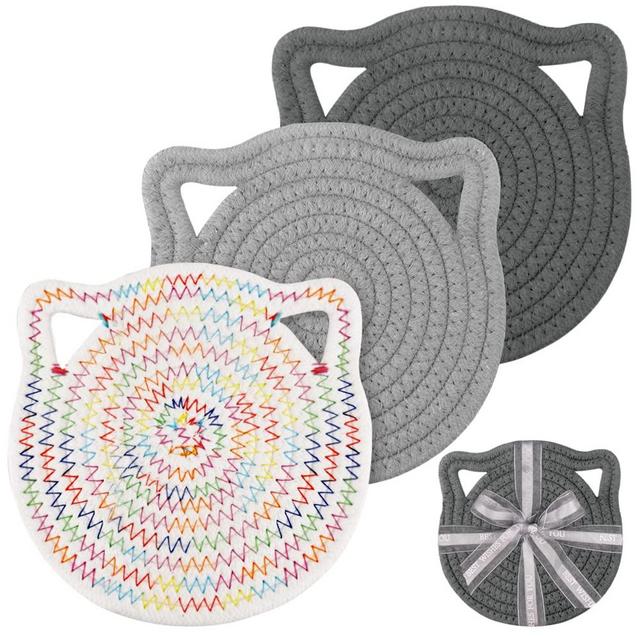YONOVO 7" Cotton Trivets Set, 3Pcs Cute Cat Ear Pot Holders Woven Hot Pads Mats Thick Heat Resistant for Hot Pots and Pans Round Hot Plate Holder Washable Potholders Kitchen Farmhouse Rustic Gift