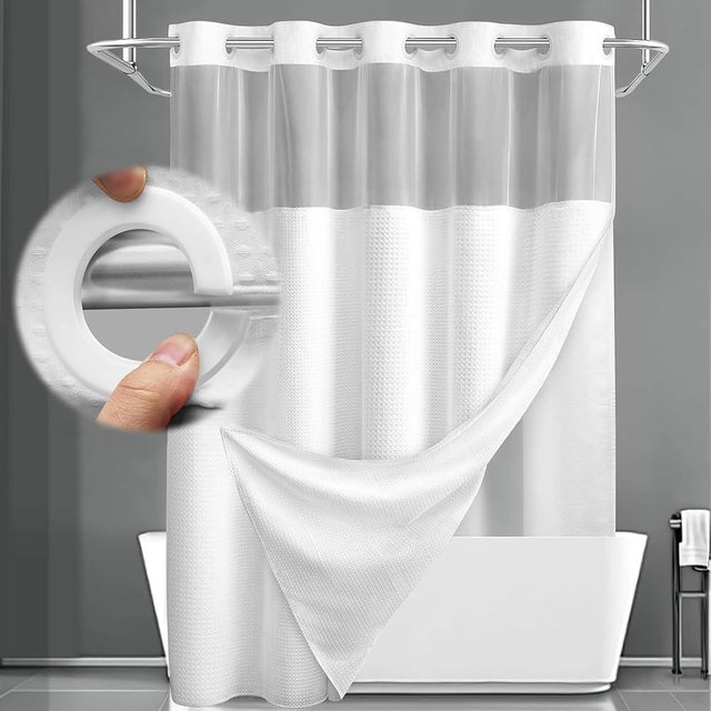 XOGUIBO No Hook Shower Curtain and Liner Set,White Hotel Waffle Shower Curtain with Liner 75" L x 72" W