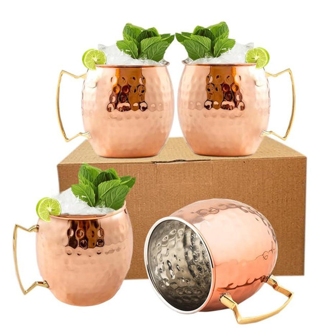 BOLD & DIVINE Copper Plated Moscow Mule Mugs Set of 4 | 18 Oz Hammered Copper Cups with Stainless Steel Lining Gold & Brass Handles with Copper Straws & Shot Glass | Perfect for Bars, Parties & Gifts