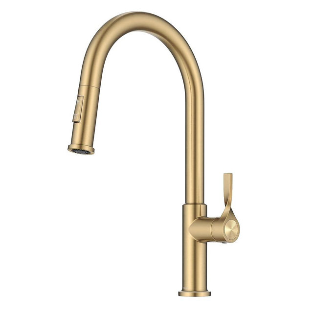 KRAUS Torak Pull Down Kitchen Faucet in Spot-Free Brushed Brass with 2 Function Sprayer, Pre-Attached Water Lines, and Mounting Hardware, KPF-2840SFBB