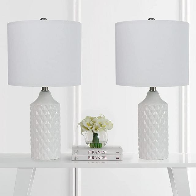 Modern Ceramic Table Lamps Set of 2, 3-Way Dimmable Bedside Lamps with White Linen Shade, Farmhouse Bedside Reading Lamp Nightstand Lamp End Table Lamp for Bedroom, Living Room, Office(Bulbs Included)
