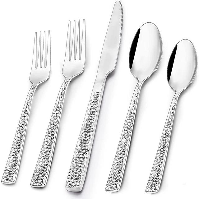 60-Piece Hammered Silverware Set for 12, Paincco Stainless Steel Square Flatware Cutlery Set, Eating Utensils Sets Include Knife Fork Spoon, Modern Design & Mirror Polished - Dishwasher Safe