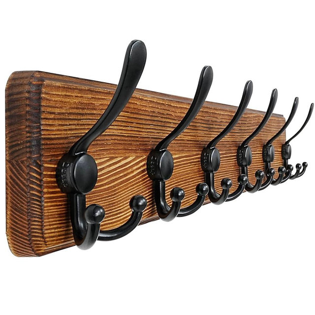 Dseap Coat Rack Wall Mounted - 24" Long 6 Tri Hooks, Heavy Duty Wooden Wall Coat Hanger Coat Hook for Clothes Hat Jacket Clothing, Natural and Black