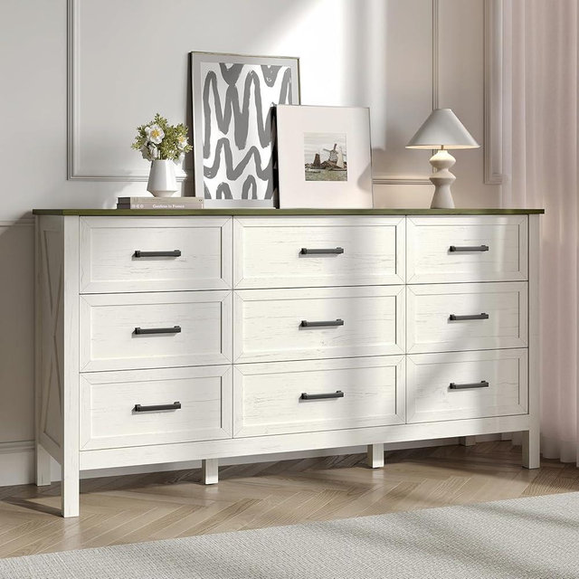 BAZELOR Farmhouse 9 Drawers Dresser for Bedroom, Modern Dresser TV Stand with Metal Handle, Natural Texture, Wood Rustic Chest of Drawers for Bedroom,Living Room,Hallway and Entryway, Antique White