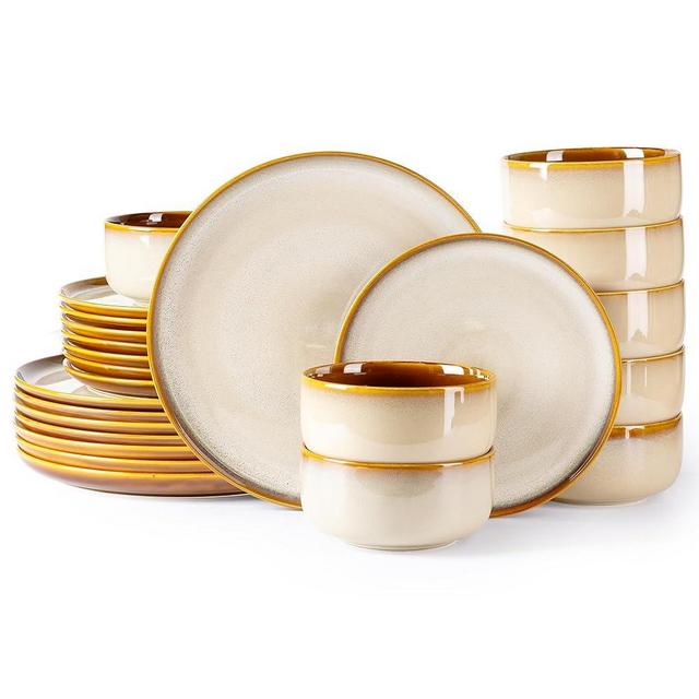 LERATIO Ceramic Dinnerware Sets,Stoneware Plates and Bowls Sets,Reactive Glaze Dishes Set,Highly Chip and Crack Resistant | Dishwasher & Microwave & Oven Safe Dishes set,Service for 8-Kahki (24pc)