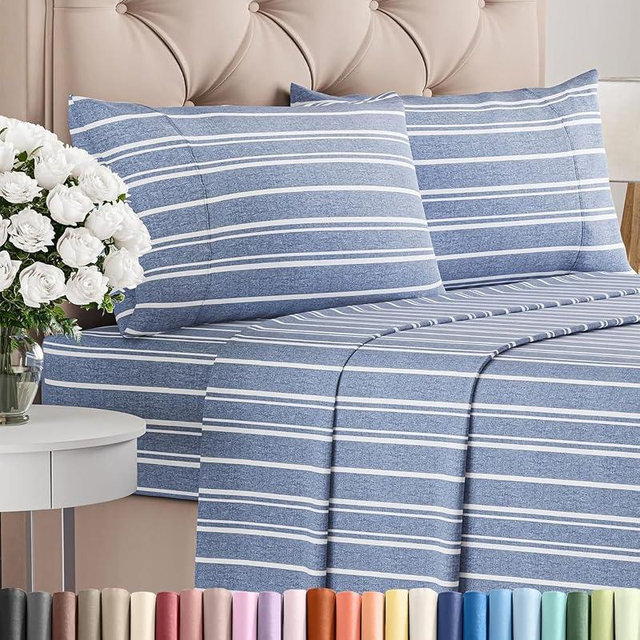 Full Size 4 Piece Sheet Set - Comfy Breathable & Cooling Sheets - Hotel Luxury Bed Sheets for Women & Men - Deep Pockets, Easy-Fit, Soft and Wrinkle Free Sheets - Blue Stripes Oeko-Tex Bed Sheet Set