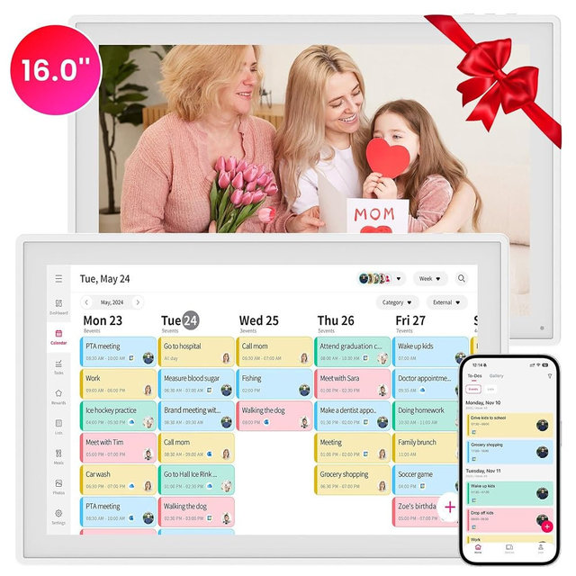 16" Smart Digital Calendar, Wall Desk Mount Planner with Google iCloud Sync, Touchscreen Family Organizer for Chore Chart, Meal Planning & Task Rewards（White）