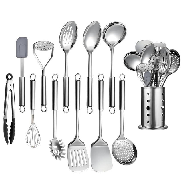 12 Pcs Stainless Steel Cooking Utensils Set, Metal Kitchen Tools Include Utensil Holder, Solid & Slotted Spatula, Spoon, Ladle, Pasta Server, Potato Maseher, Egg Whisk,Cooking Tong, Flexible Spatula