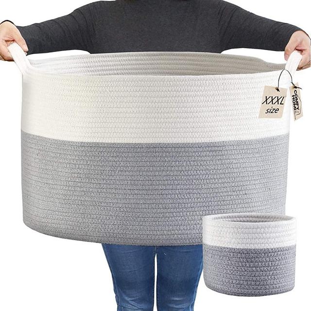 COMFY-HOMI 2pc Blanket Baskets Living Room Cotton Woven Rope Basket Laundry Hamper Baby Nursery Storage Organizer Laundry Baskets Bin XXXL Extra Large 21''x21''x13.6''