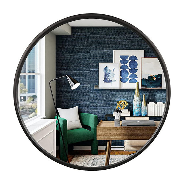 WallBeyond Circle Mirror with Wood Frame, 24" Round Modern Decoration Large Home Decor Mirror for Bathroom Living Room Bedroom Entryway (24" Diameter, Black)